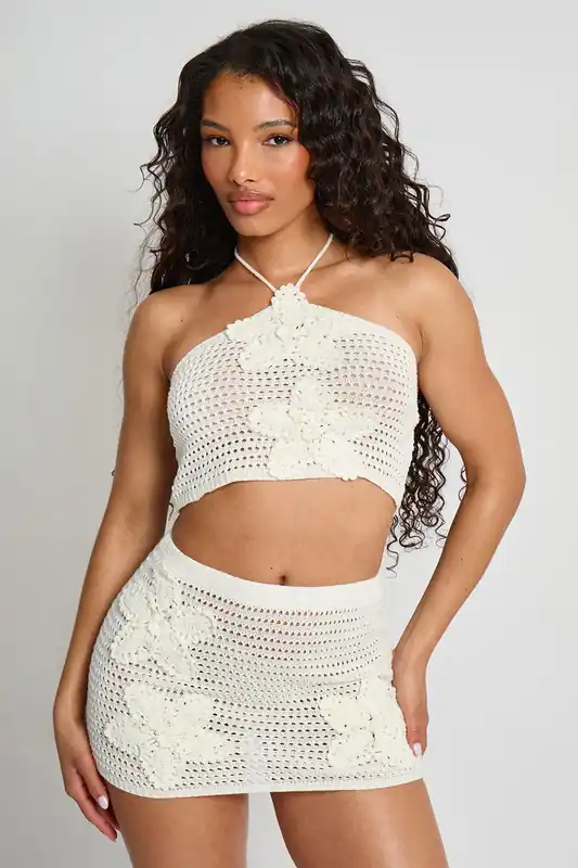 Floral Embroidered Crochet Crop Top Co Ord Ivory - Public Desire