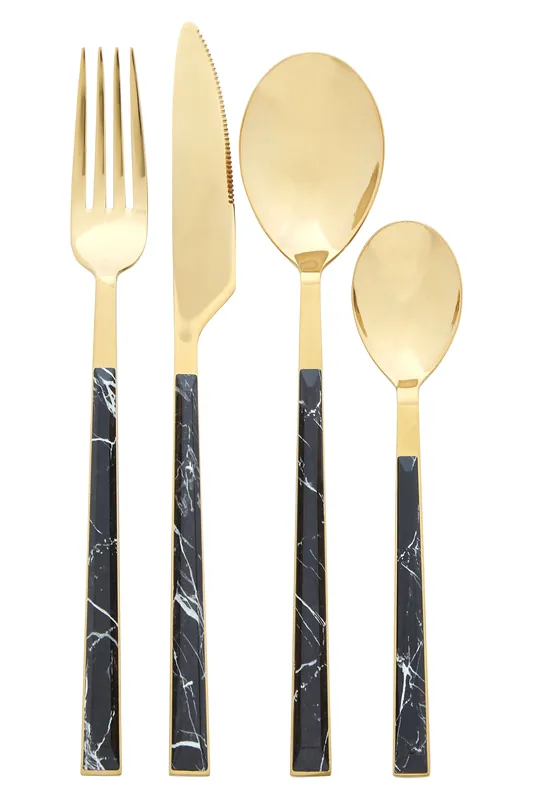 16-Piece Black Faux Marble Cutlery Set, Gold-Finished Stainless Steel Flatware, Black Marble-Effect Handles