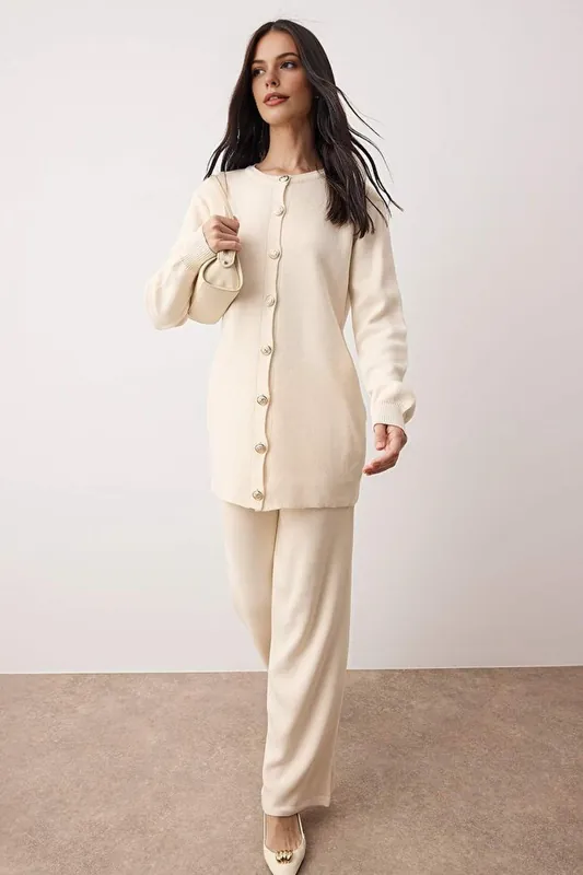 2 Piece Knitted Button Front Cardigan and Straight Leg Trousers Set - WOVCOR