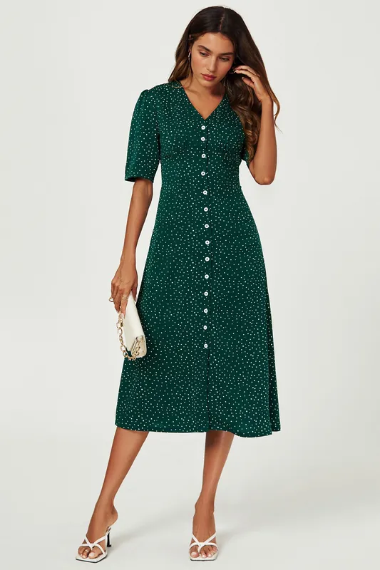 Dot Print Button Front Midi Dress - FS Collection