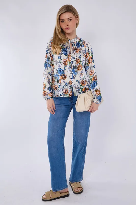 Blue Roses Print Tie Lace Satin Blouse - Love Sunshine