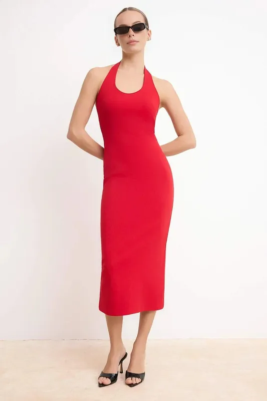 Halterneck Bodycon Midi Dress with Sleek Contoured Fit - WOVCOR