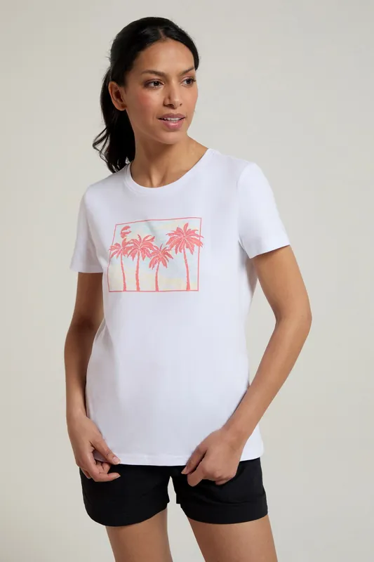 Postcard Palm' Short Sleeve Cotton T-Shirt Casual Lightweight Top