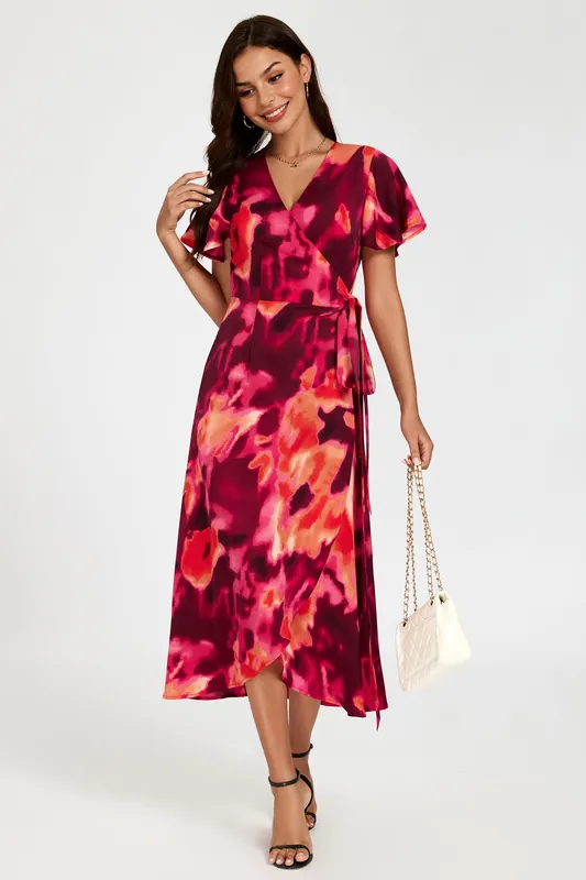 Abstract Print Wrap Maxi Dress In Burgundy - FS Collection