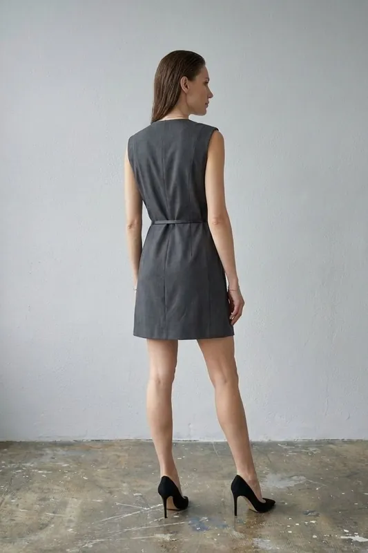 Belted V-Neck Sleeveless Mini Shift Dress