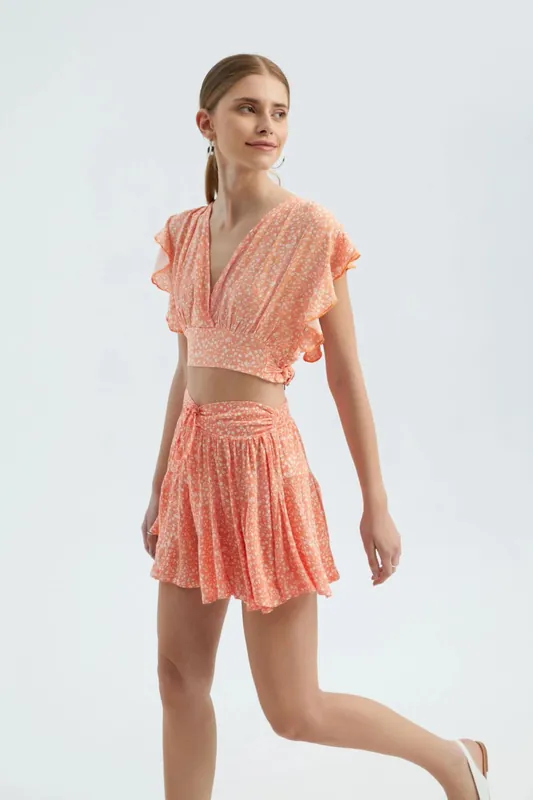 Floral High Waist Drawstring Ruffle Mini Skirt - Hiccup