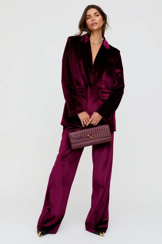 Valerie Straight Leg Velvet Trouser In Burgundy - Lily and Lionel