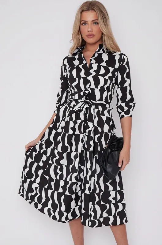 Mono Geometric Print Half Sleeve Midi Shirt Dress - Love Sunshine