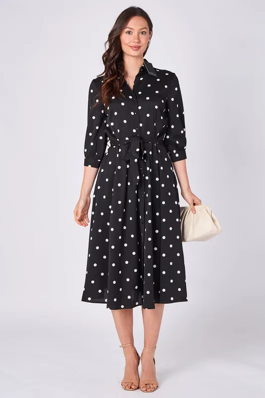 Black Polka Dot Half Sleeve Midi Shirt Dress - Love Sunshine
