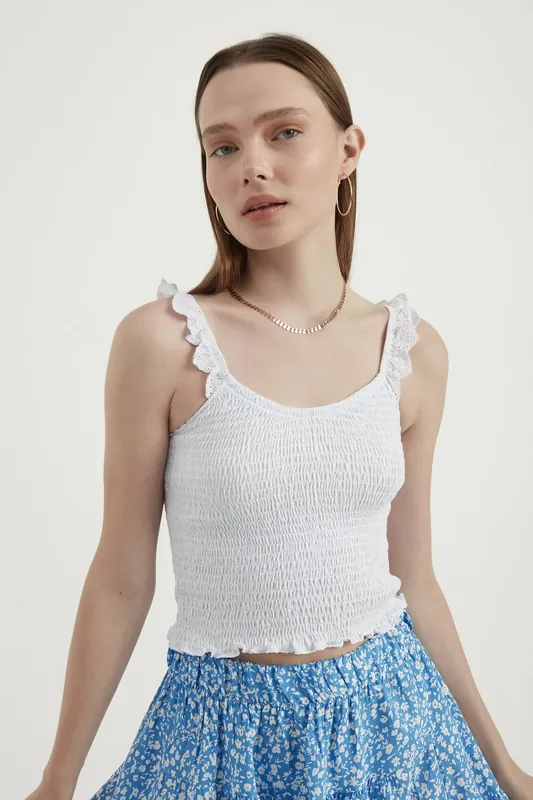 V Neck Smocked Cropped Top - Hiccup