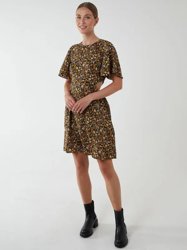 Floral Print Crew Neck Dress - Blue Vanilla