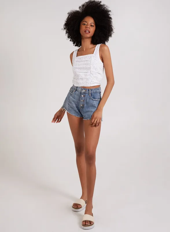 Square Neck Ruched Broderie Top - Pink Vanilla