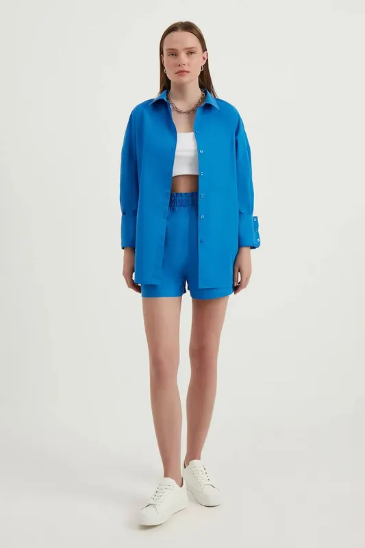 2 Pieces: Oversized Shirt & High Waist Ruched Waistband Shorts - Hiccup