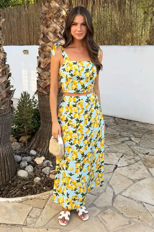 Blue Lemon Print Midi Skirt - AX Paris