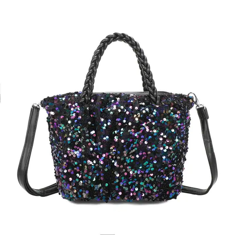 Sparkling Sequins Braided Handle Shoulder Bag - Kitise
