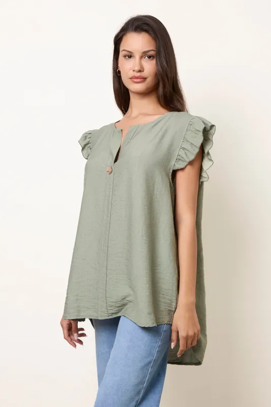 Khaki One Button Frill Sleeve Top - Blue Vanilla