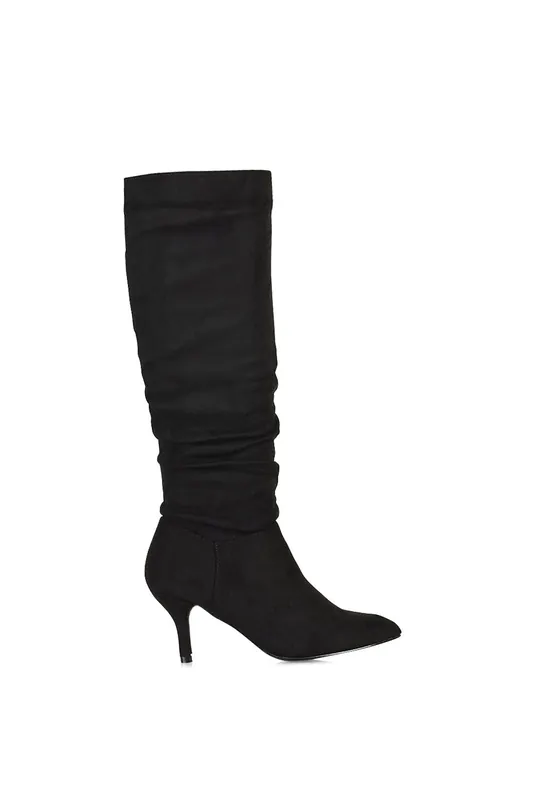 Sian' Ruched Knee High Pointed Mid Stiletto Heel Boots - XY London