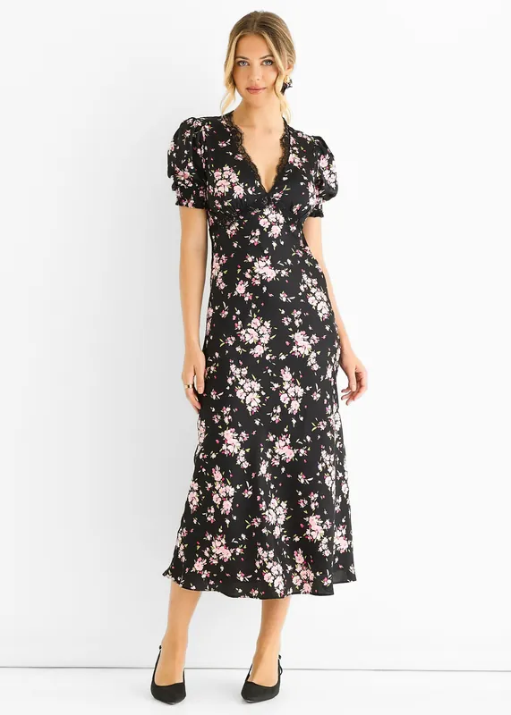 Black Floral Lace Trim Bias Midi Dress - Gini London