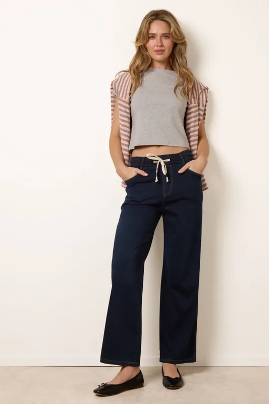 Navy Herringbone Tie Up Stretch Trousers - Blue Vanilla