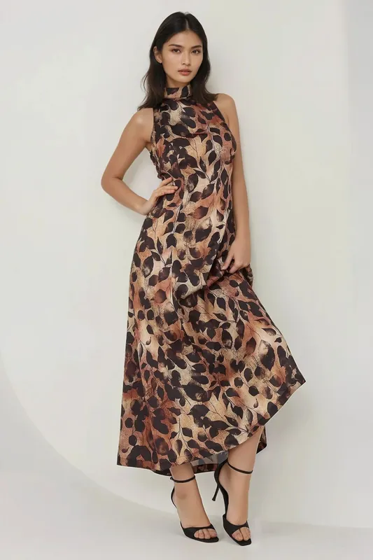 Printed Halter Collar Maxi Dress - Hiccup