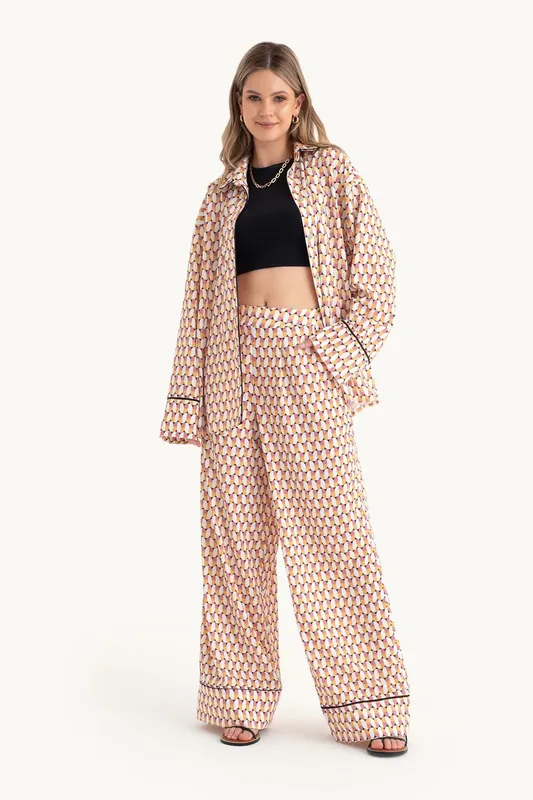 Geometric Shirt & High Waist Wide Leg Trousers Co-Ord