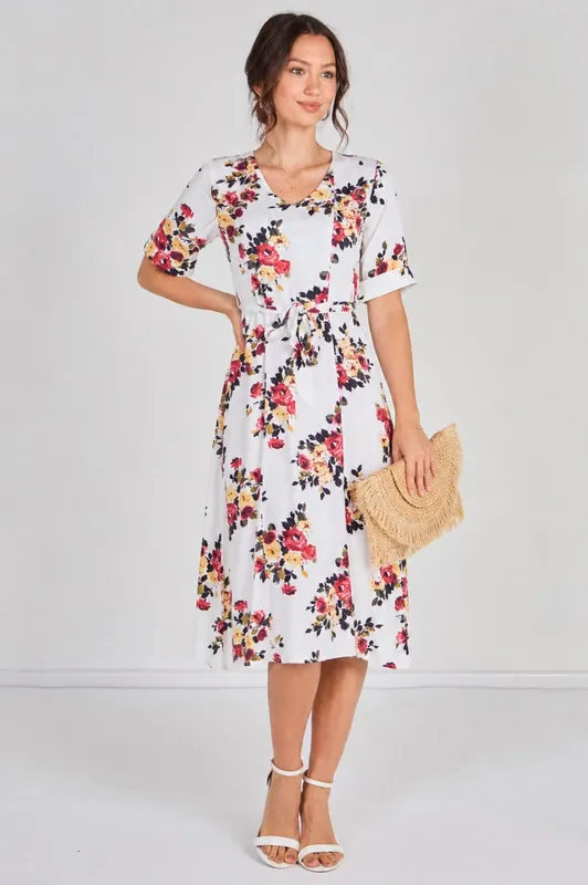 White Floral Print Short Sleeve Midi Dress - Love Sunshine