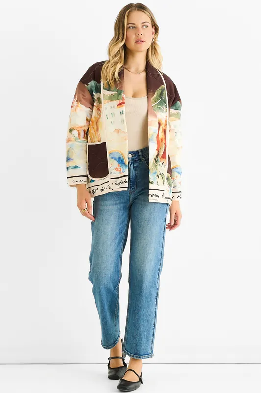 Chocolate Water Print Lightweight Quilted Jacket - Gini London