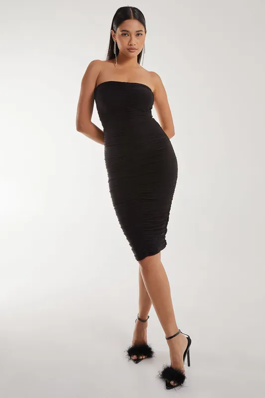 Strapless Ruched Slinky Midi Dress - Pink Vanilla
