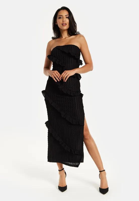 Liquorish Diagonal Friled Slit Detail Jersey Dress In Black