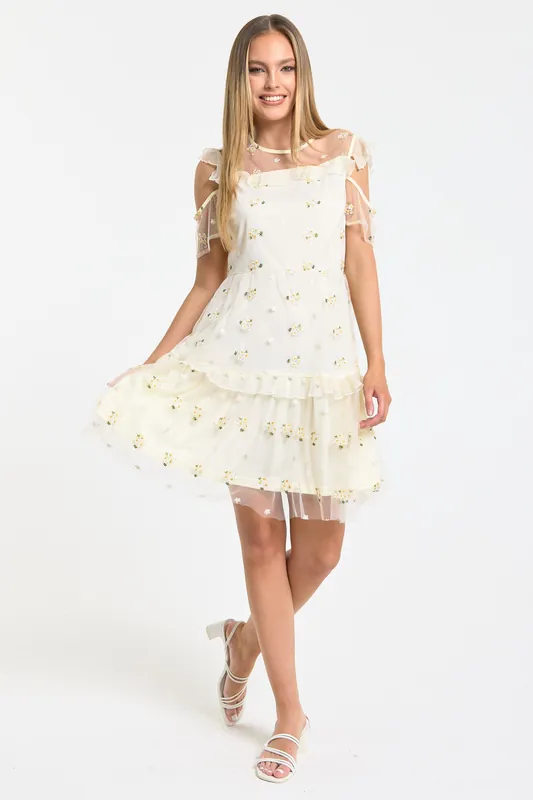 Cream Floral Embroidered Mesh Ruffle Mini Dress - Liquorish