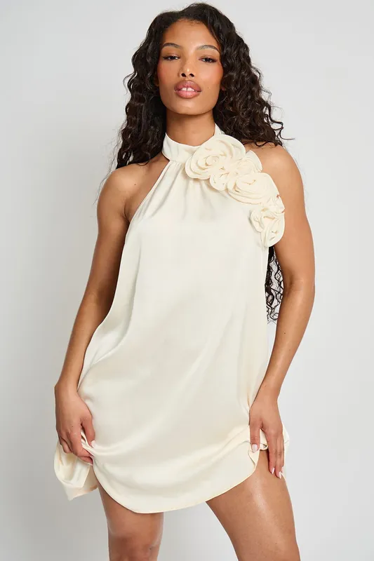 Satin Swing Dress With Corsage Ivory - Public Desire