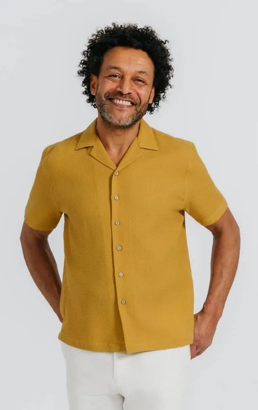 Mustard Waffle Cuban Collar Short Sleeve Cotton Shirt - Dobell