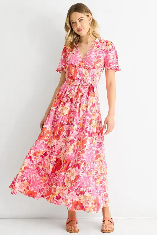 Red Floral Wrap Belted Midi Dress - Gini London