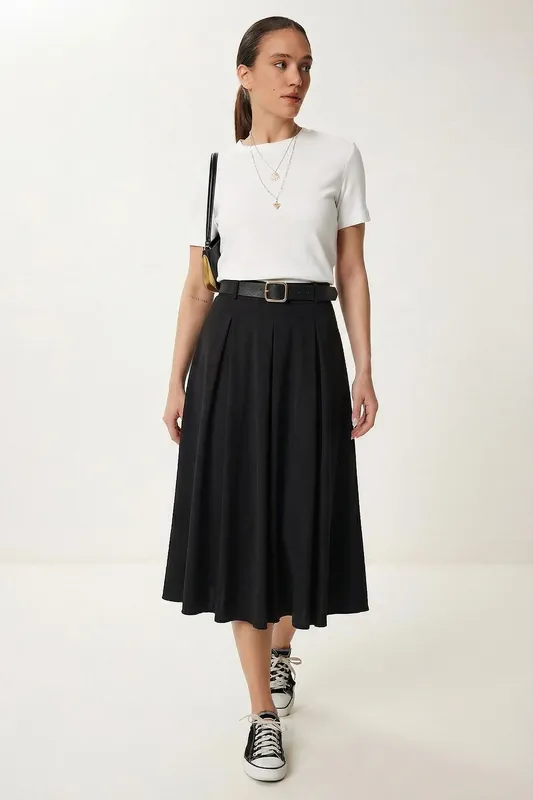 Belted High Waist Midi Skirt - Happiness Istanbul
