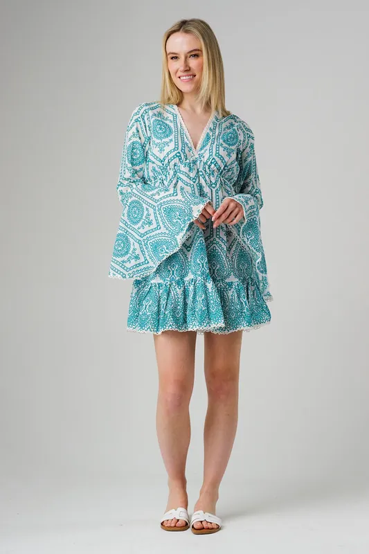 Cotton Embroidered Trim Flared Sleeve Mini Dress - Wednesday's Girl