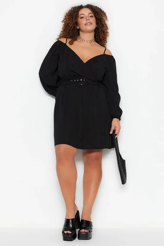 Cold Shoulder Belted Mini Dress with Long Sleeves - WOVCOR