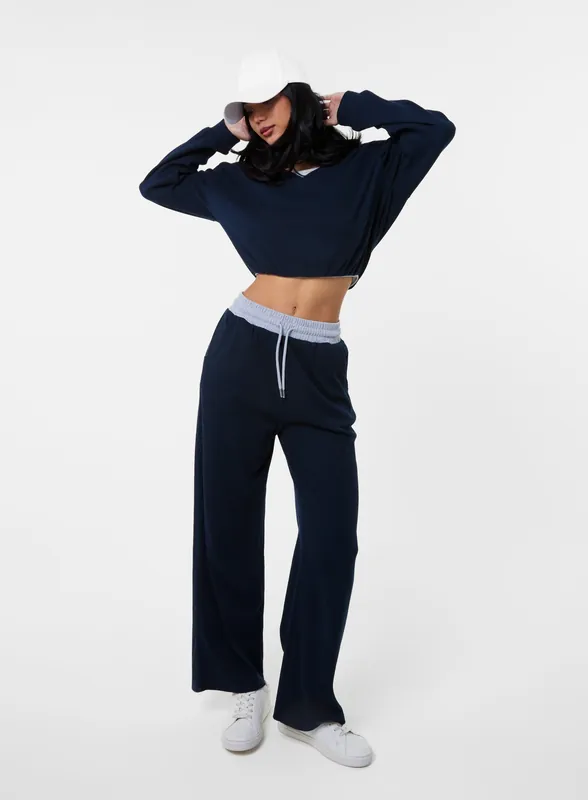 Contrast Band Wide Leg Joggers - Pink Vanilla