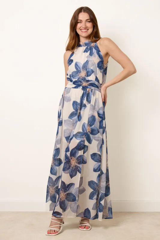Navy Floral Print Halter Neck Occasion Dress - Blue Vanilla