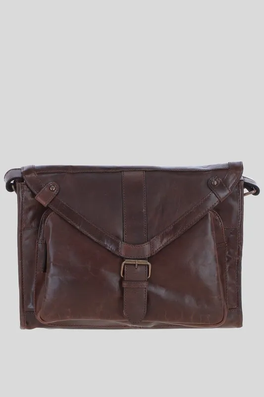 'Rhode' Real Leather Laptop Messenger Bag With Buckle Flap - Ashwood Leather