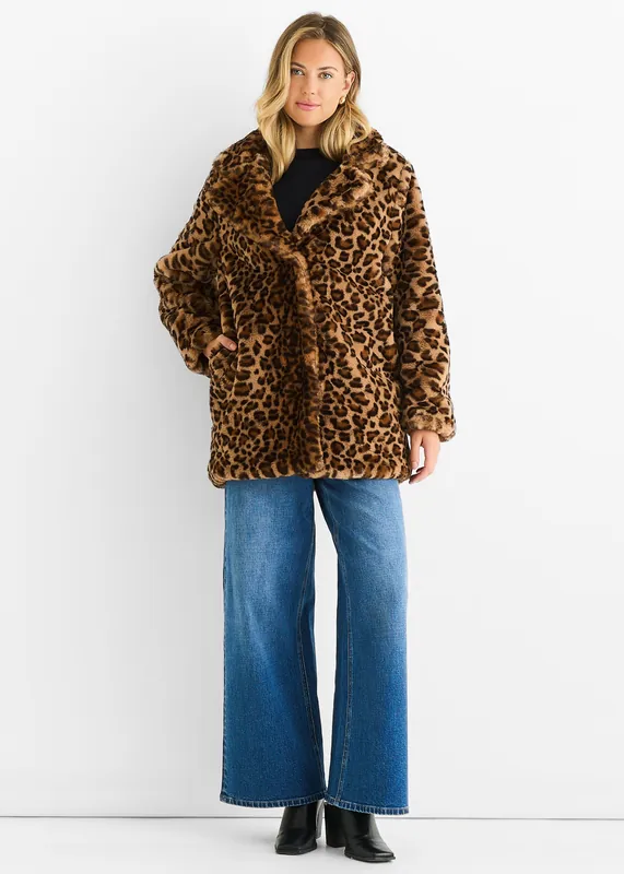 Brown Leopard Print Faux Fur Coat Jacket - Gini London
