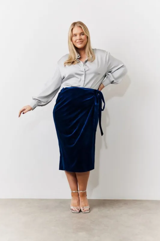 Navy Velvet Wrap Midi Skirt - In The Style
