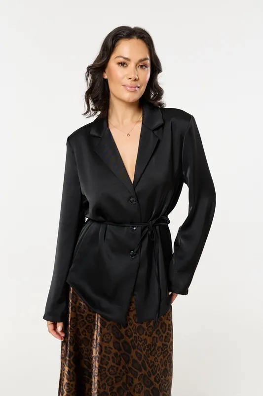 Black Satin Belted Button-Down Blazer
