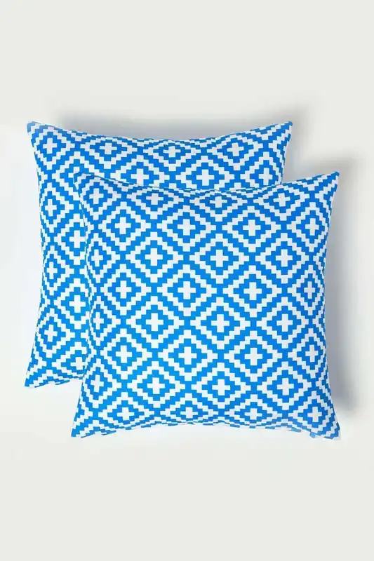 Luxury Waterproof Blue Geometric Outdoor Cushion 45 x 45 cm, Set of 2 - Homescapes