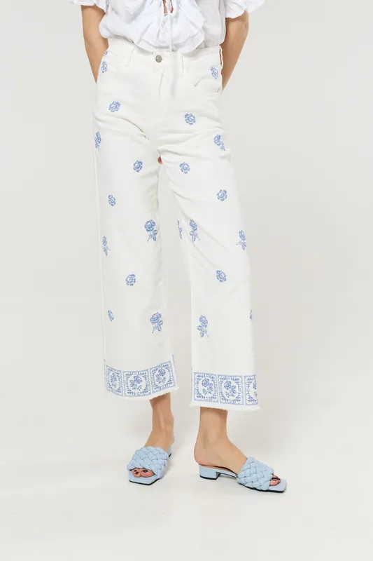 White Floral Embroidered Wide Leg Jeans - Liquorish