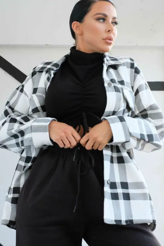 Check Print Button Up Pocket Detail - Femme Luxe