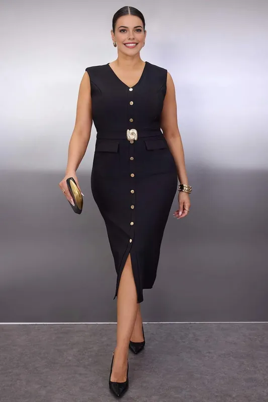 Button Front Belted V-Neck Midi Dress with Front Slit