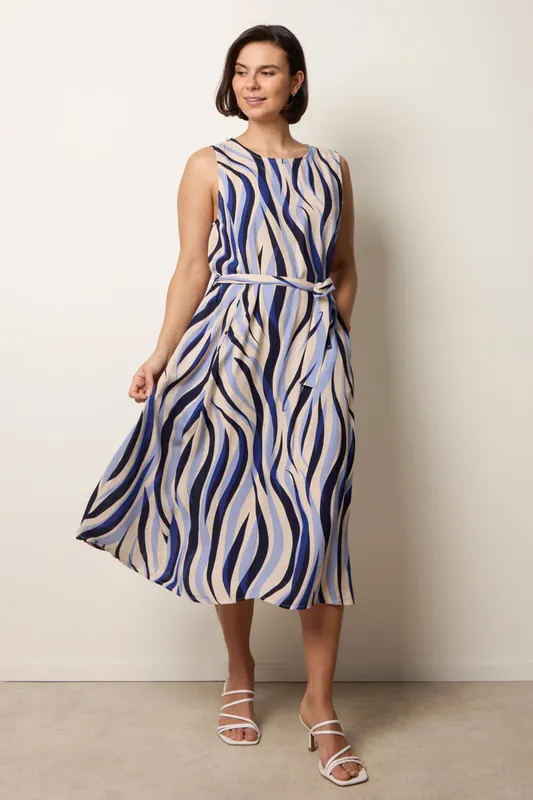 Navy Bold Wave Print Belted Dress - Blue Vanilla