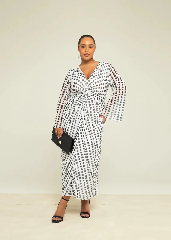 Curve Twist Front Polka Dot Mesh Midi Dress - FASHION-SZN
