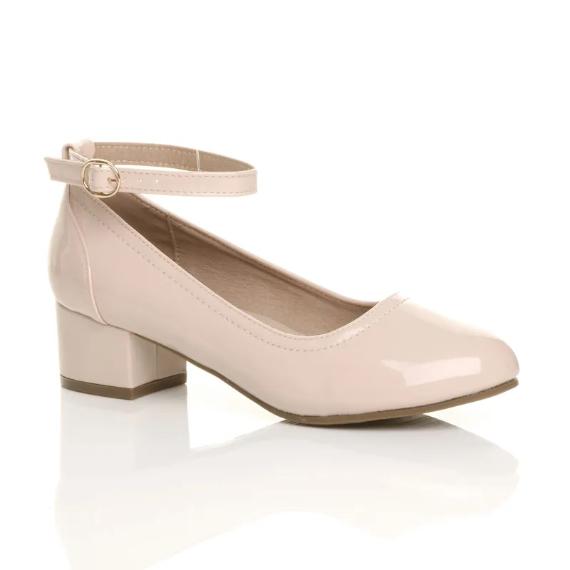 Mid Block Heel Comfort Ankle Strap Court Shoes - AJVANI