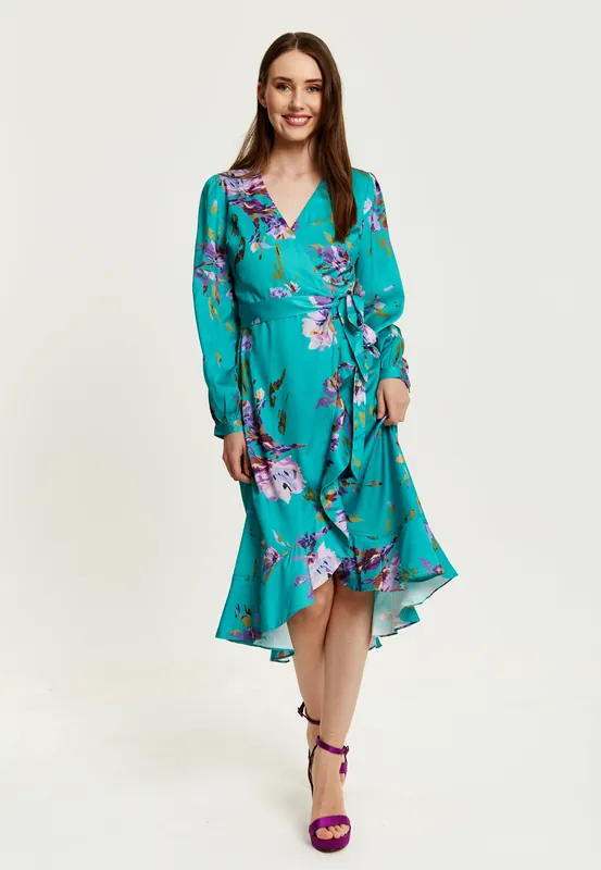 Green Floral Print Midi Wrap Dress - Liquorish